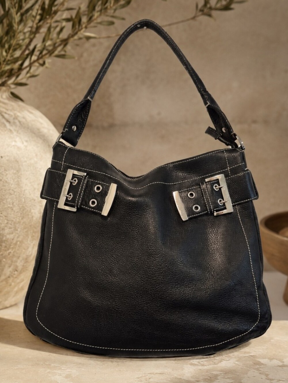 Vtg Charles David Genuine Leather Black Shoulder Bag Handbag Purse Y2K Hobo